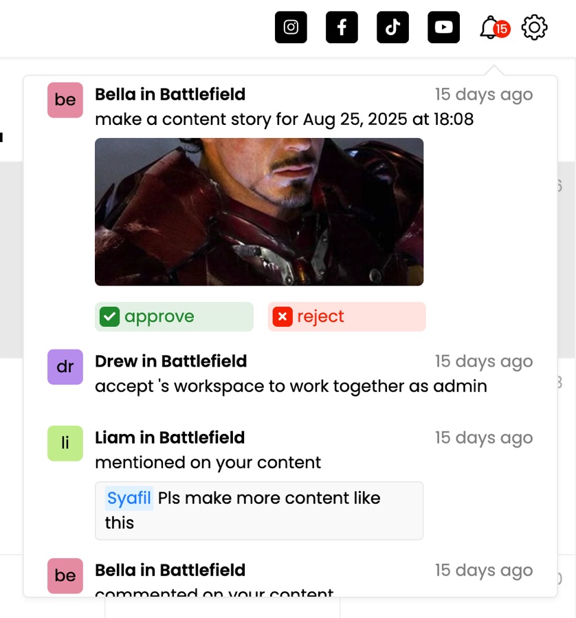 Notifications: a story sent for approval with approve and reject, a workspace invite accepted, and a mention on a piece of content.