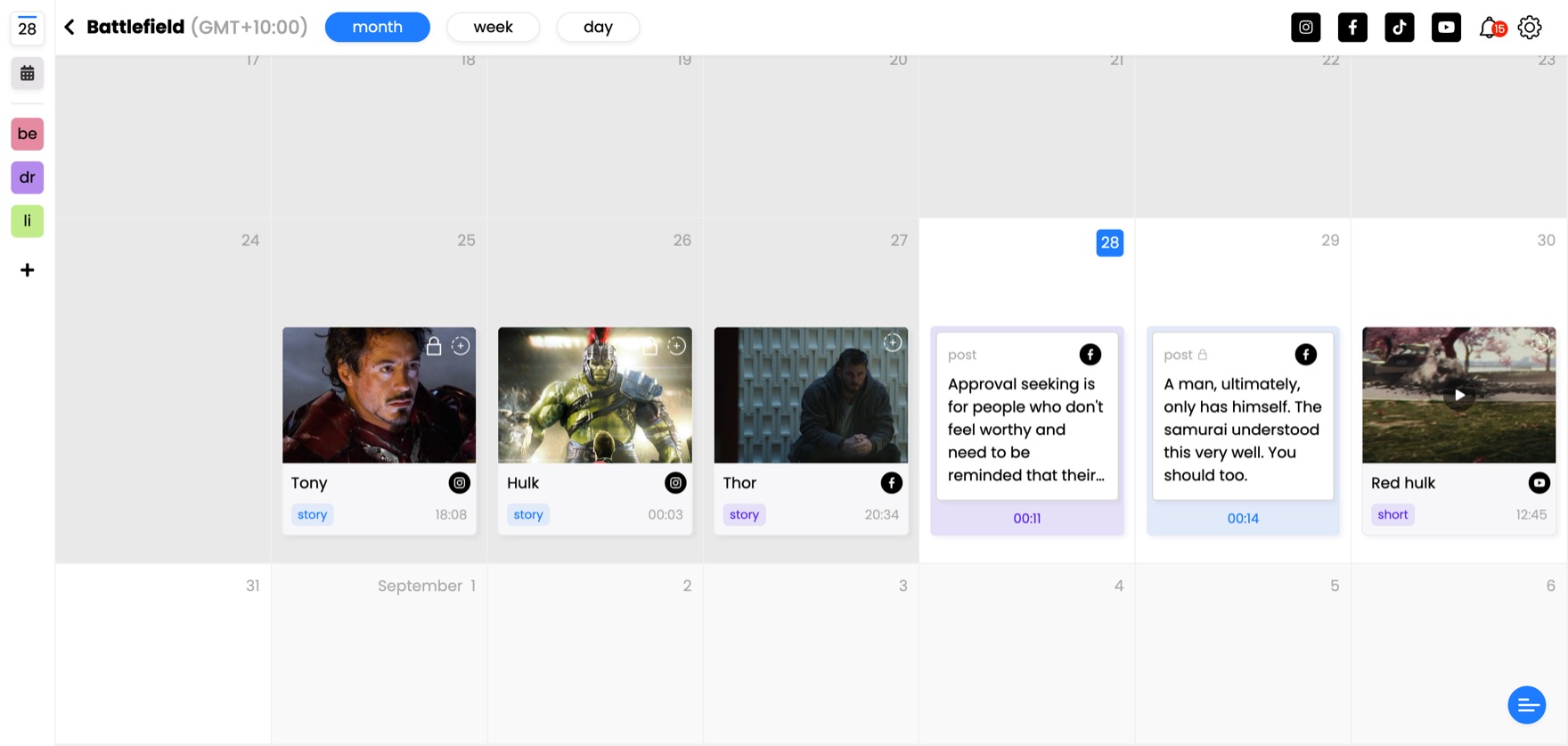 The SocialVerse month view: stories, posts and a short scheduled across Instagram, Facebook and YouTube.
